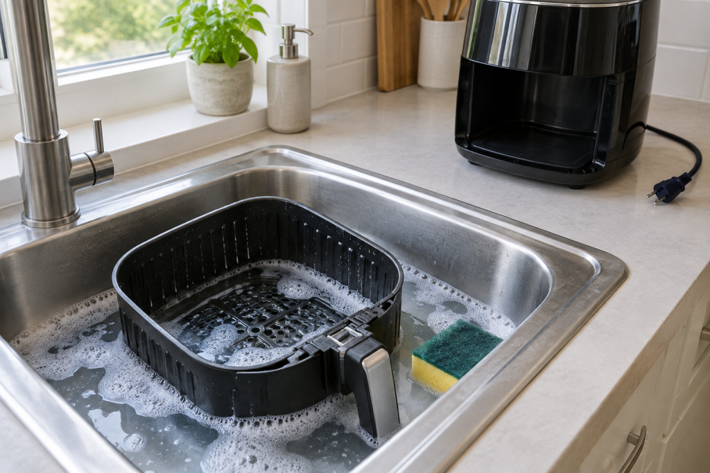 A non-stick air fryer basket soaking in a kitchen sink filled with hot, sudsy water, with the air fryer base sitting dry on the counter nearby