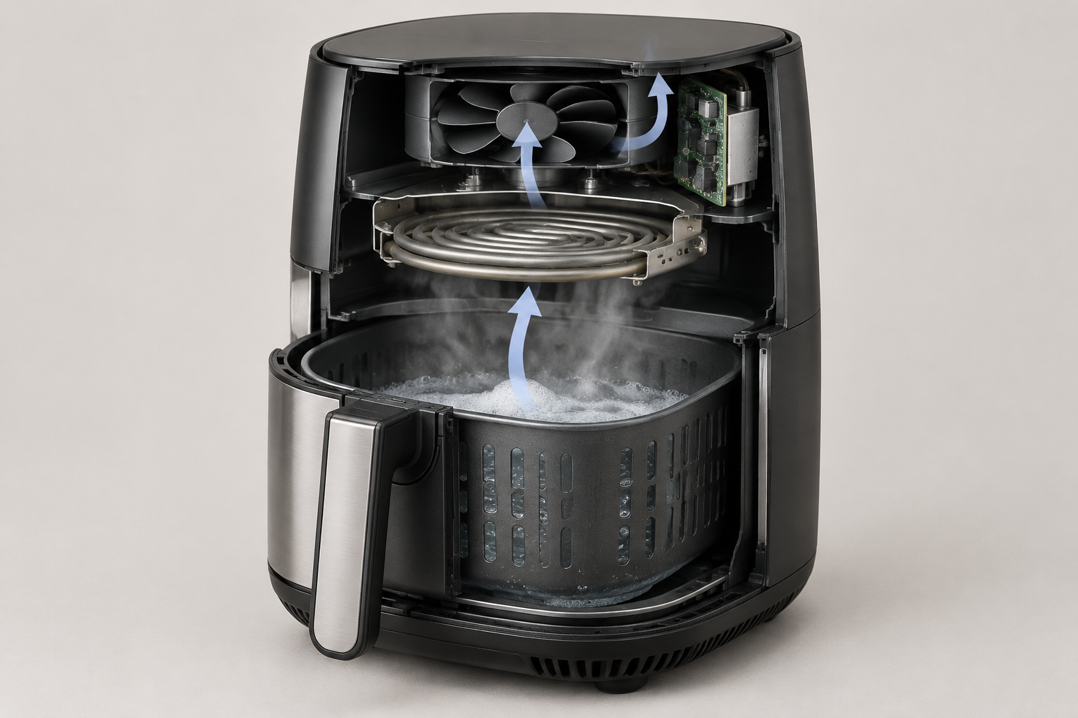 Cutaway diagram of an air fryer with a fan above the heating coil and arrows showing steam rising from a water-filled basket toward the coil, fan motor, and wiring