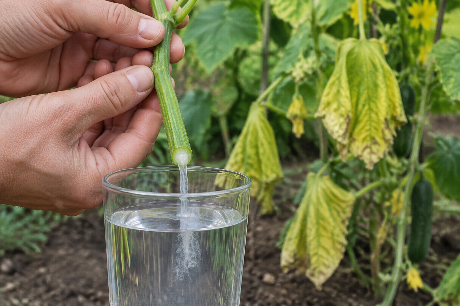 Illustration of a cut cucumber stem pulled apart with sticky strands of bacterial ooze stretching between the two cut ends