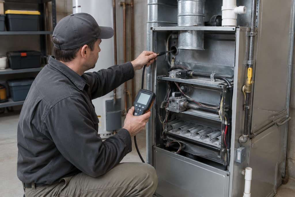 HVAC technician holding a handheld combustion analyzer probe at a gas furnace in a utility room