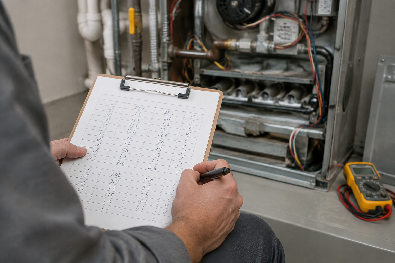 Printed furnace service report listing temperature rise, flue CO, capacitor microfarads and flame sensor microamps