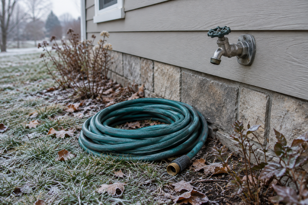 Suburban house exterior in early winter with a garden hose disconnected and coiled beside an outdoor faucet