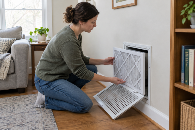 Homeowner sliding a new pleated air filter into a wall return grille in a living room