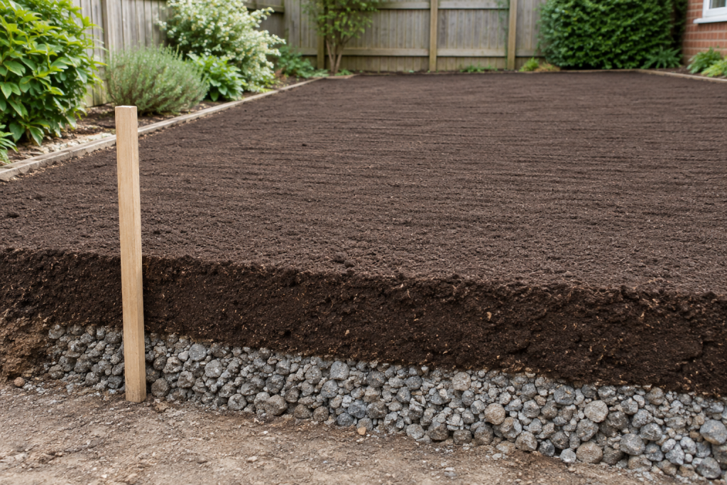 Level bed of fresh topsoil raked over a crushed stone base in a backyard