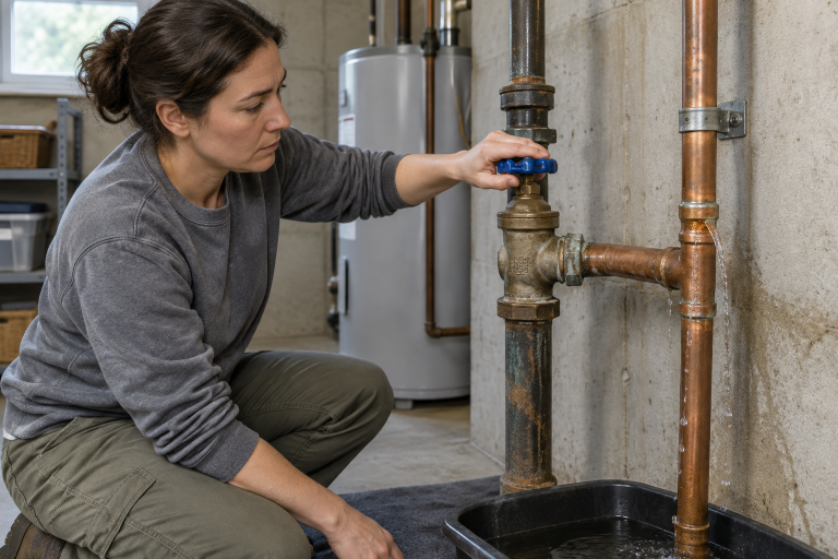 Homeowner turning the main water shutoff valve while water sprays from a leaking copper pipe nearby
